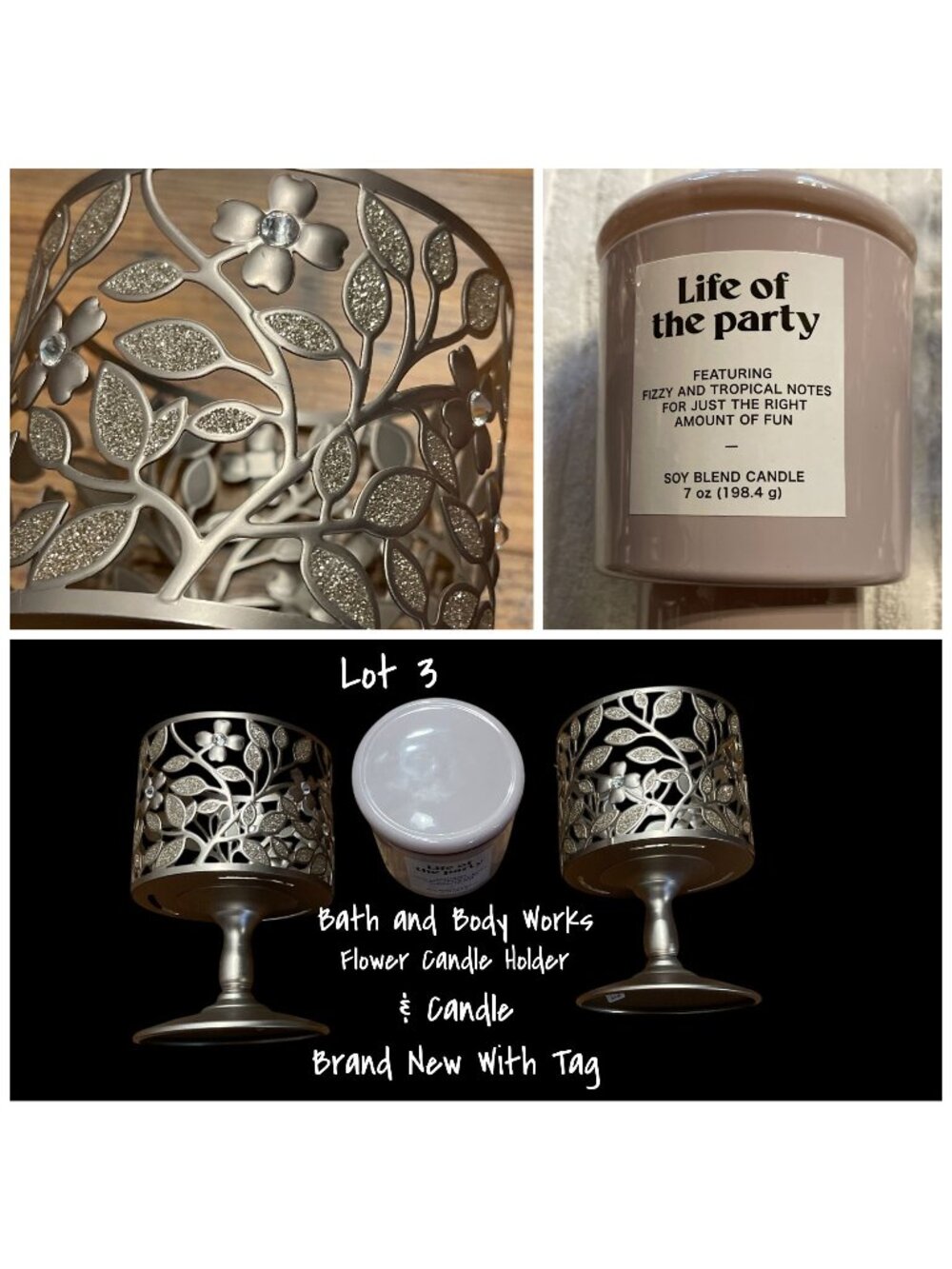 Bath and Body Works Dogwood Pedestal 3-Wick Candle Holder & Candle Lot 3 New
